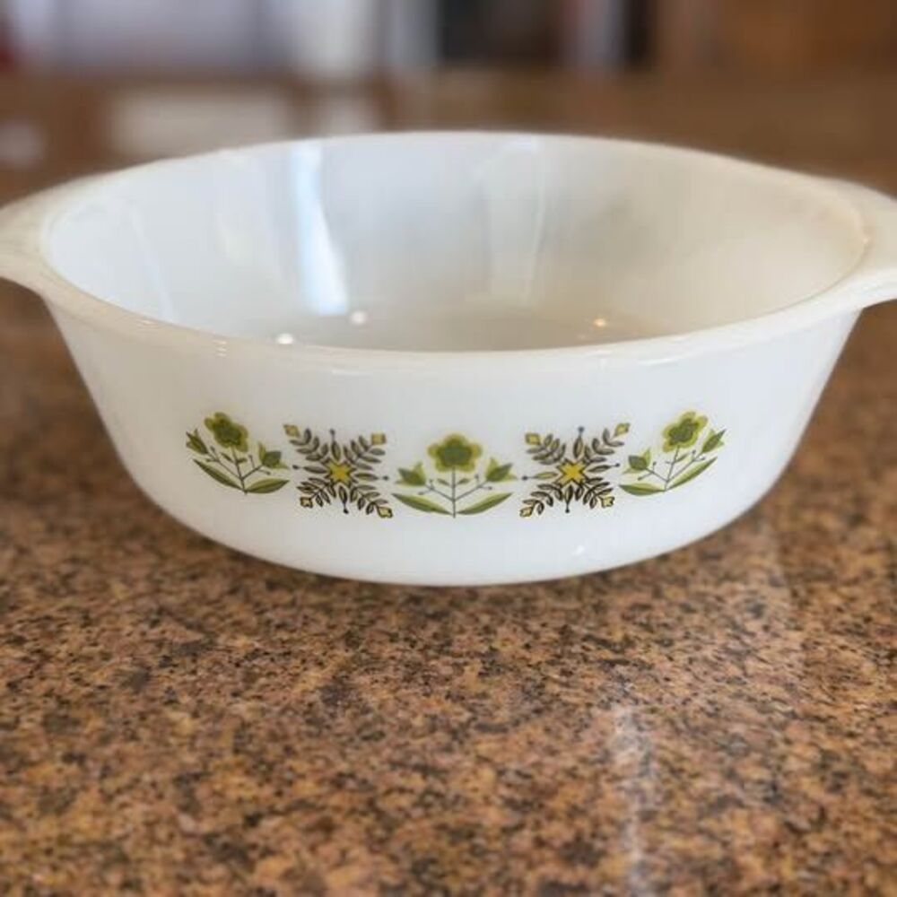 Vintage Anchor Hocking Fire-King milk glass casserole dish in the "Meadow Green"
